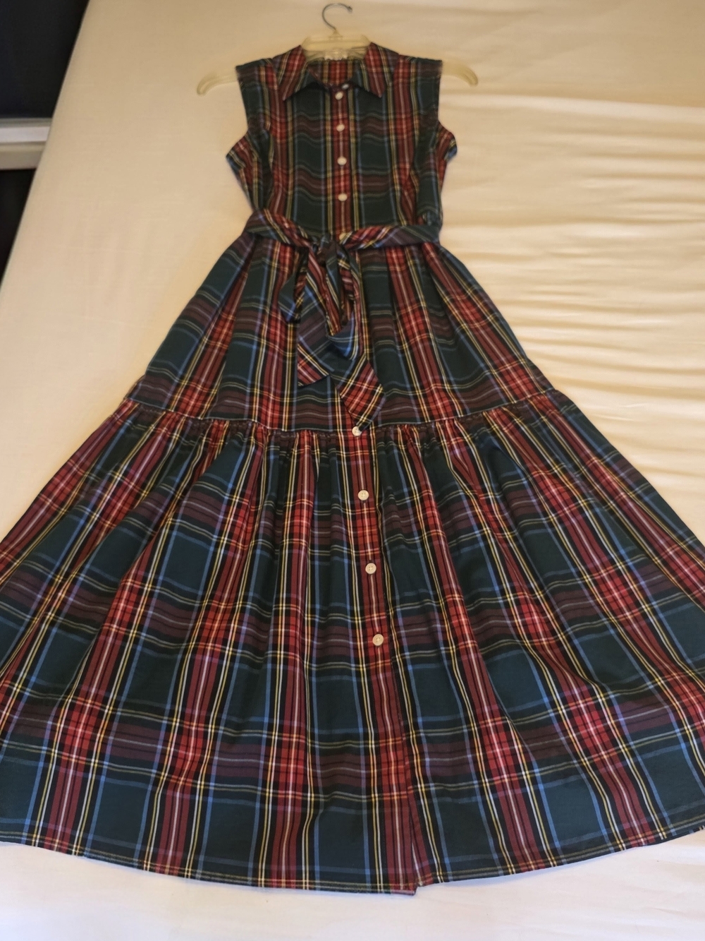 JCrew Tartan Plaid Midi Dress Red Green Sleeveless Button Down Holiday Festive